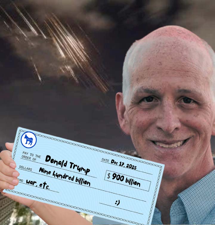 A comically edited photo depicting Adam Smith holding a check for $900 Billion addressed to Donald Trump